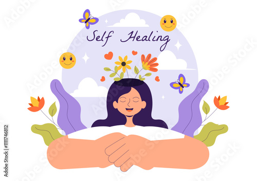 Self Healing Vector Illustration featuring a Woman Meditating and Restoring Mental Health and Inner Harmony through Yoga in a Flat Style Background