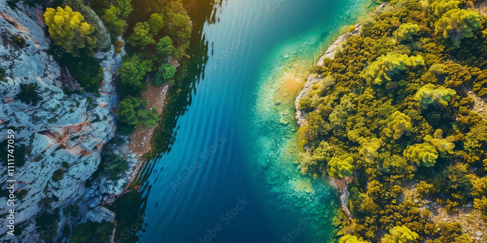 Aerial view of a vibrant river canyon bordered by lush greenery and rock cliffs. Aerial view of a vibrant river canyon bordered by lush greenery and rock cliffs.
