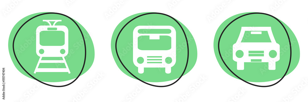 Grüner Banner mit 3 Buttons zeigt Zug, Bus und Auto Grüner Banner mit 3 Buttons zeigt Zug, Bus und Auto