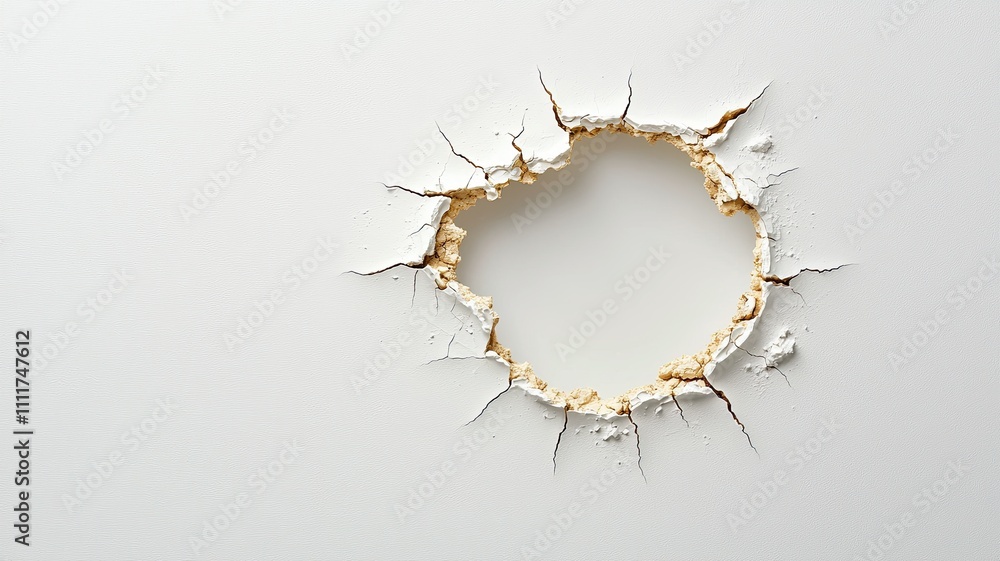 Cracked Hole in White Drywall Surface, Close-up of a circular hole with cracked edges in white drywall, showing damage and exposed inner material on a plain background.
Cracked Hole in White Drywall Surface, Close-up of a circular hole with cracked edges in white drywall, showing damage and exposed inner material on a plain background.