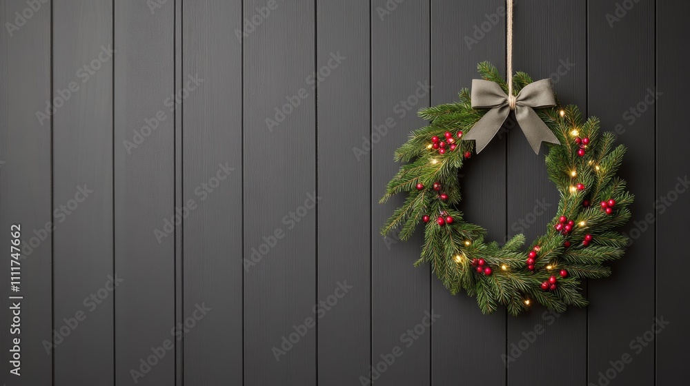 A wreath with red ribbon and green leaves is hanging on a wall A wreath with red ribbon and green leaves is hanging on a wall