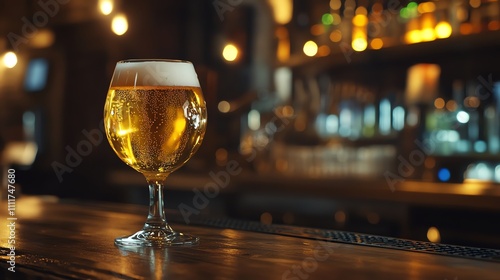 A glass of beer on a bar counter in a pub.