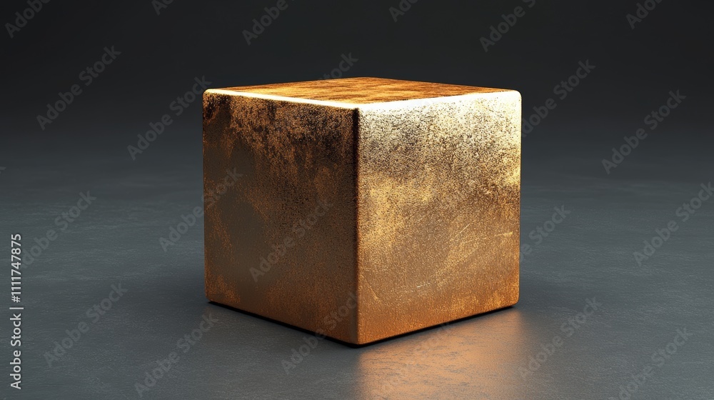 A gold cube sits on a dark surface A gold cube sits on a dark surface