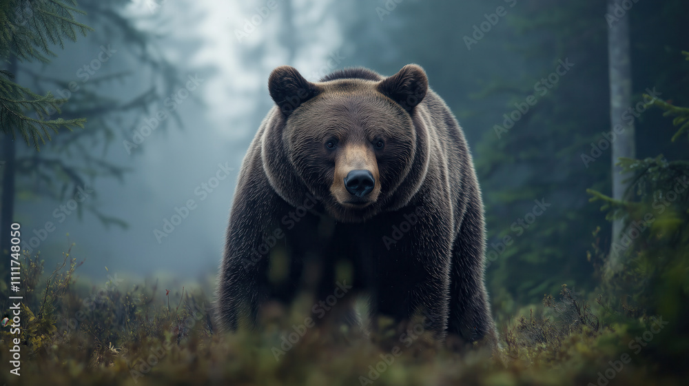Fototapeta premium Majestic brown bear in misty forest landscape showcasing natural wilderness