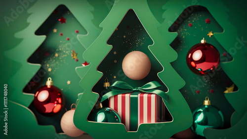 Layered Paper Cutout Christmas Scene with Baubles and Gift Box – Festive Holiday Design in Green Tones photo