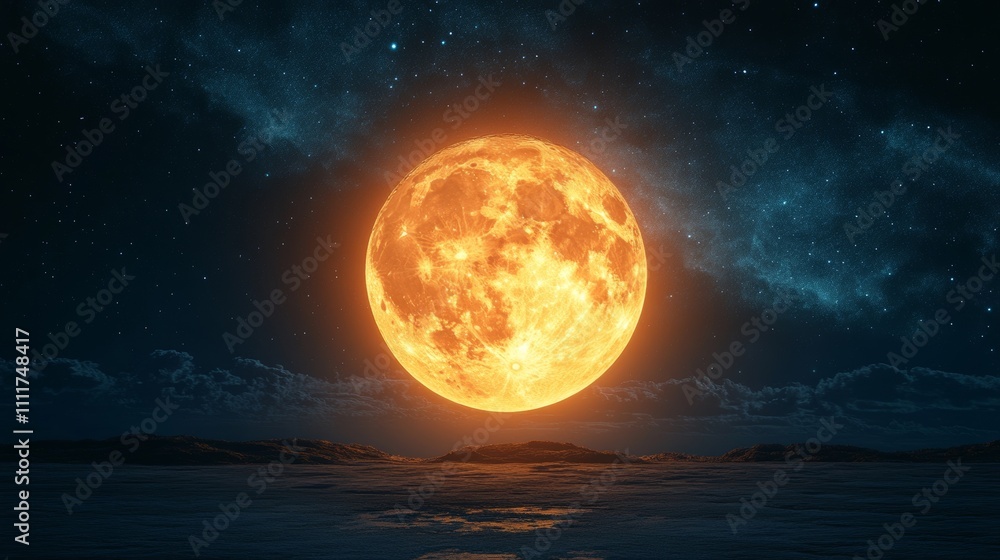 A large orange moon is in the sky above a dark ocean A large orange moon is in the sky above a dark ocean