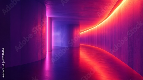A long  narrow room with a neon light strip running down the center