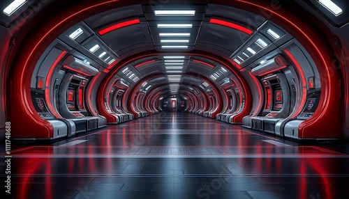 Futuristic Red And Gray Spaceship Corridor Interior photo