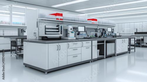 Modern laboratory workspace with advanced equipment and organized storage. sleek design features multiple workstations, high tech devices, and clean, efficient layout ideal for scientific research photo