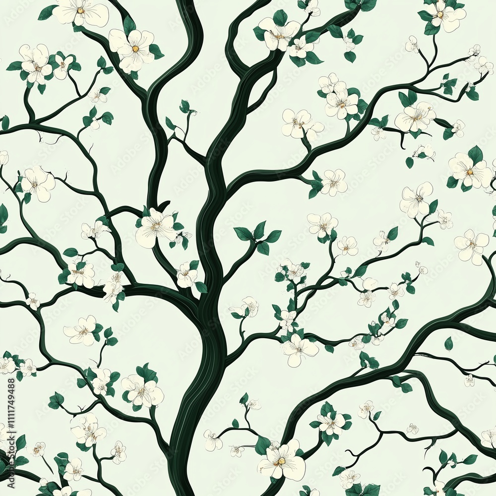 Detailed depiction of a flowering tree branch design with elegant blossoms and green leaves on a light background Detailed depiction of a flowering tree branch design with elegant blossoms and green leaves on a light background