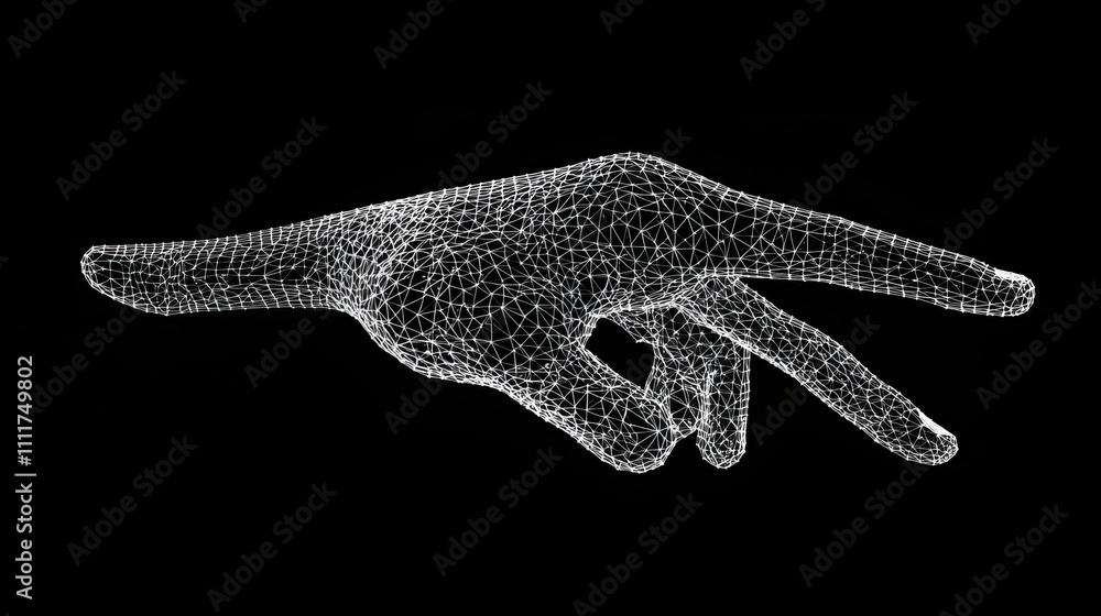 Polygonal mouse pointer hand low poly wireframe. Business concept. Vector mesh spheres from flying debris. Thin line concept. Metallic structure style illustration