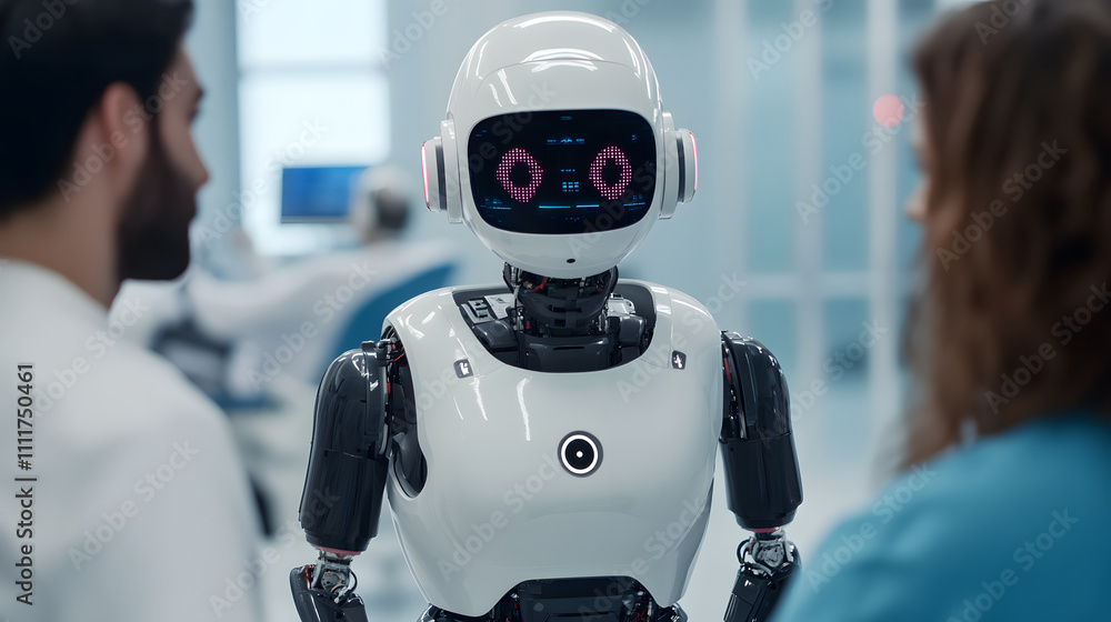 autonomous robotic nurse interacting with patients in healthcare setting, showcasing advanced technology and human like features. scene conveys sense of innovation and care autonomous robotic nurse interacting with patients in healthcare setting, showcasing advanced technology and human like features. scene conveys sense of innovation and care