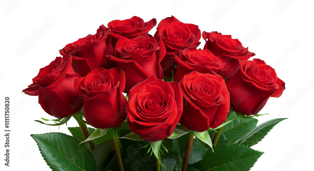 Obraz premium A bouquet of fresh red roses with vivid petals and green leaves, symbolizing love and elegance