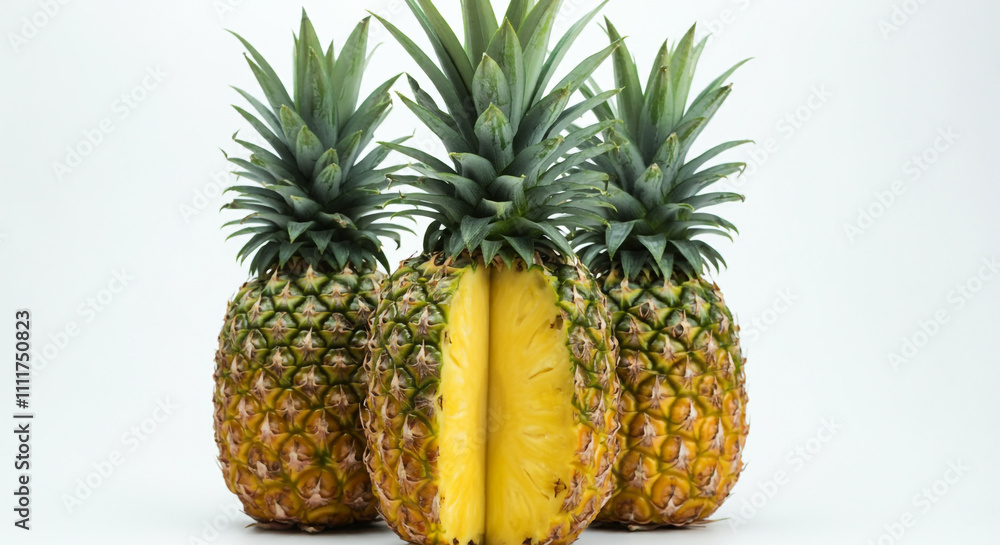 A fresh display of whole pineapples with a cut section revealing their juicy and vibrant interior A fresh display of whole pineapples with a cut section revealing their juicy and vibrant interior