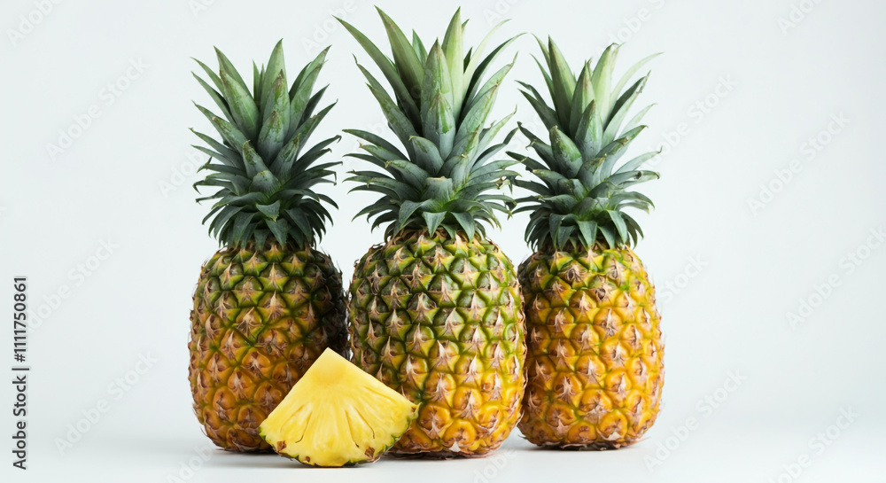 Whole and sliced pineapples arranged neatly, emphasizing their tropical freshness and juicy texture Whole and sliced pineapples arranged neatly, emphasizing their tropical freshness and juicy texture