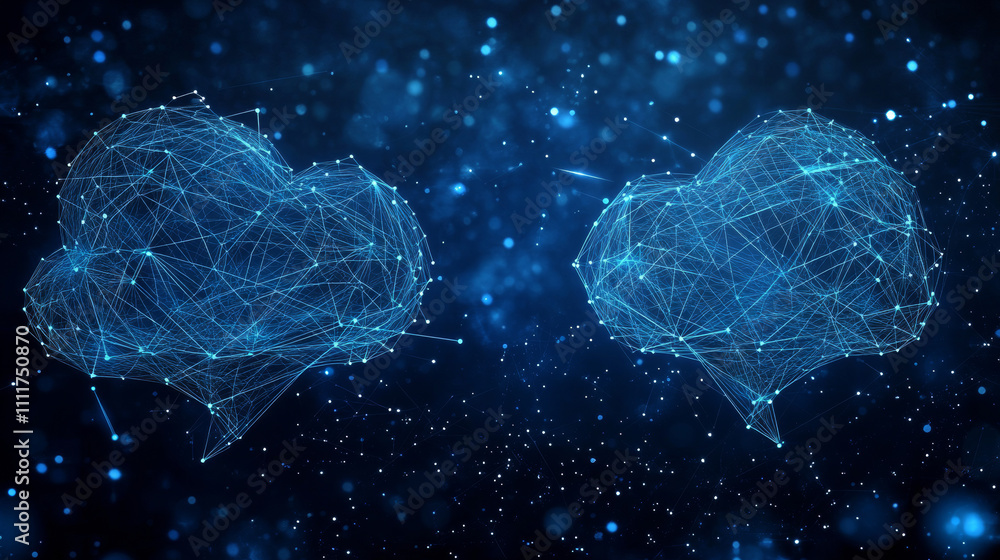 Dialogue clouds. Low-poly vector wireframe illustration in starry sky and cosmos style. Technology and devices concept. Abstract Social Network or Chat theme in blue. Lines and points with polygons Dialogue clouds. Low-poly vector wireframe illustration in starry sky and cosmos style. Technology and devices concept. Abstract Social Network or Chat theme in blue. Lines and points with polygons