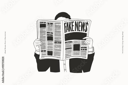 A person reads a newspaper with the headline "FAKE NEWS". Misinformation. Hand-drawn, vector illustration.