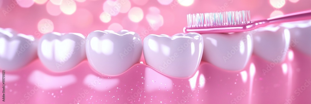 Close-up of toothbrush and healthy teeth on sparkling pink background Close-up of toothbrush and healthy teeth on sparkling pink background
