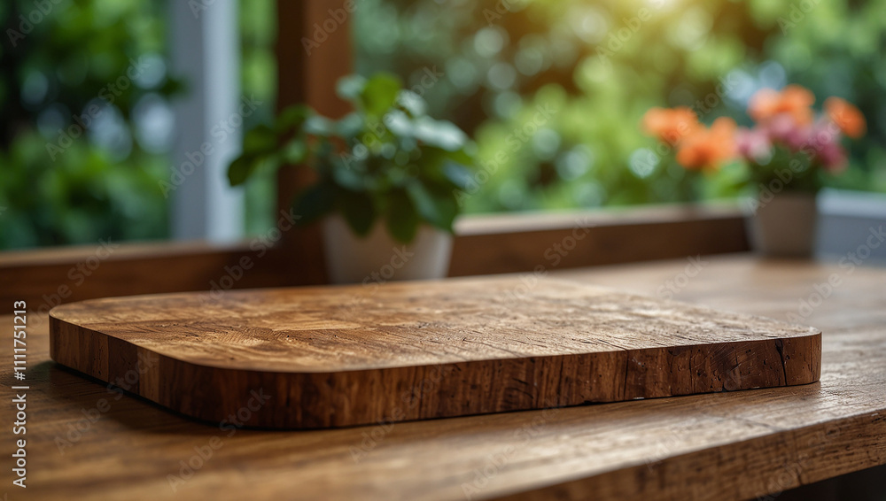 A wooden cutting board sits in front of a garden with colorful flowers. A wooden cutting board sits in front of a garden with colorful flowers.