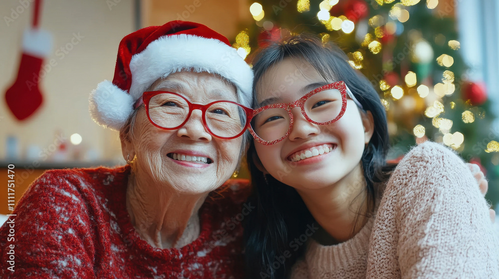 Joyful grandmother and teenager celebrating Christmas near a decorated tree Joyful grandmother and teenager celebrating Christmas near a decorated tree