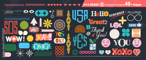 Playful flat abstract shapes sticker pack. Set of popular acronyms, phrases. Vector design in trendy retro cartoon style with geometric elements. All layered and grouped.