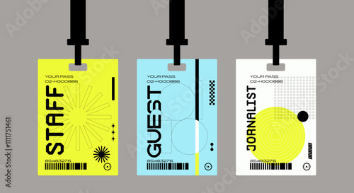 Plastic badges id card badges in a futuristic style. Journalist, guest, staff. Identification cards on a string, entrance ticket, pass