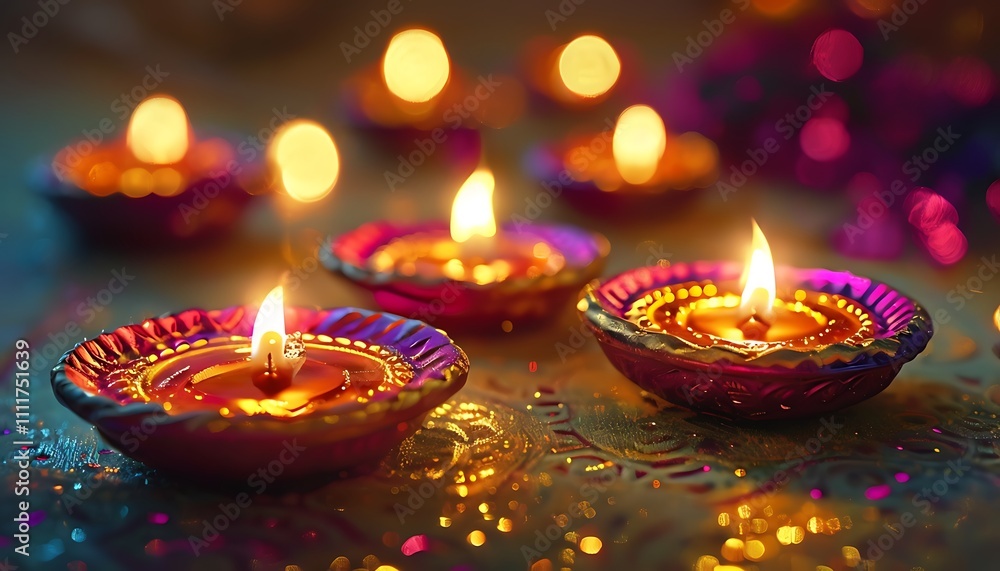 glowing diwali diyas with golden light glowing diwali diyas with golden light