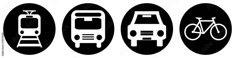 Φωτογραφία Schwarzer Banner mit 4 Buttons zeigt Zug, Bus, Auto und Fahrrad