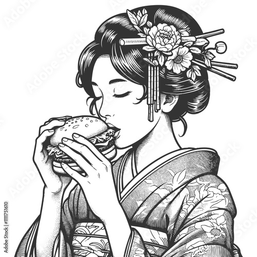 geisha in a traditional kimono, elegantly enjoying a burger, blending culture with modern elements sketch engraving generative ai vector illustration. Scratch board imitation. Black and white image.
