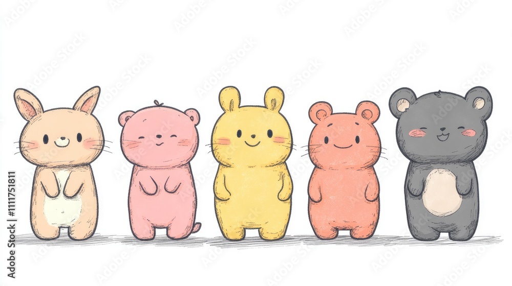 Naklejka premium A cute lineup of cartoon animals, including a bunny, bear, and other adorable creatures.