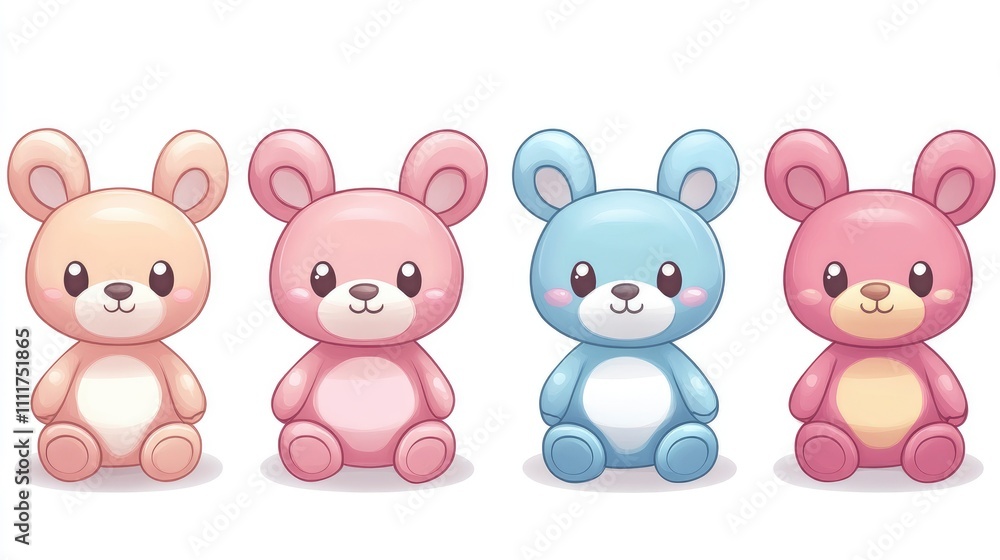A colorful collection of cute teddy bear plush toys in pastel colors. A colorful collection of cute teddy bear plush toys in pastel colors.