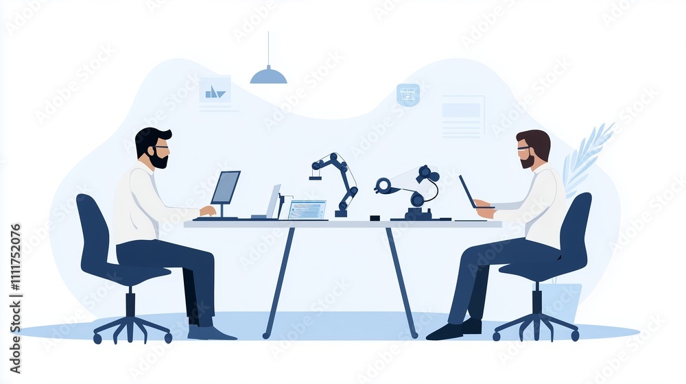 Collaboration between two professionals at a modern workspace with robotic assistance and innovative technology Collaboration between two professionals at a modern workspace with robotic assistance and innovative technology