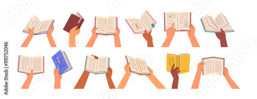 Hands holding open books, set. Reading, looking through paper pages. Learning, studying literature for knowledge, information, education. Flat vector illustration isolated on white background