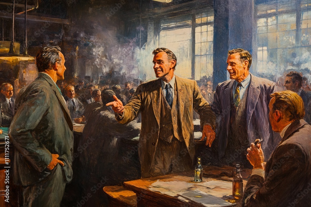 Fototapeta premium Men in suits converse; factory scene; smoky atmosphere.