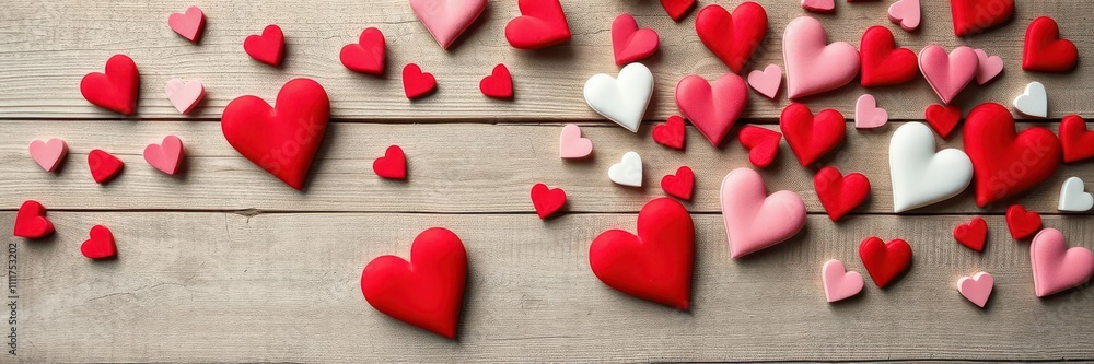 A cozy background of red, pink and white hand-drawn hearts scattered on a rustic wooden surface, festive, rustic, cozy A cozy background of red, pink and white hand-drawn hearts scattered on a rustic wooden surface, festive, rustic, cozy