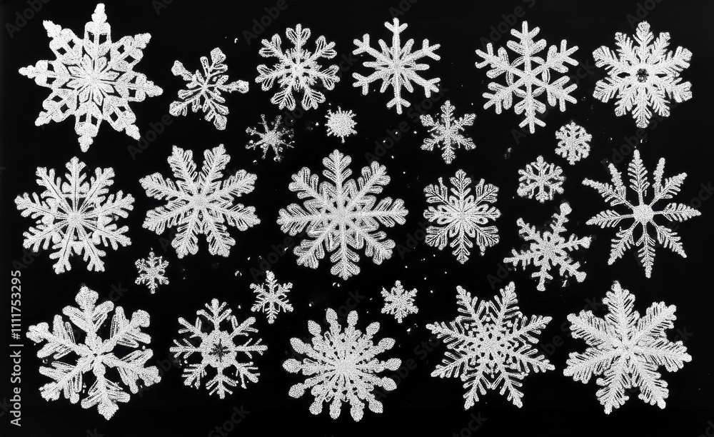 Intricate snowflakes on black background creating a stunning winter wonderland effect Intricate snowflakes on black background creating a stunning winter wonderland effect