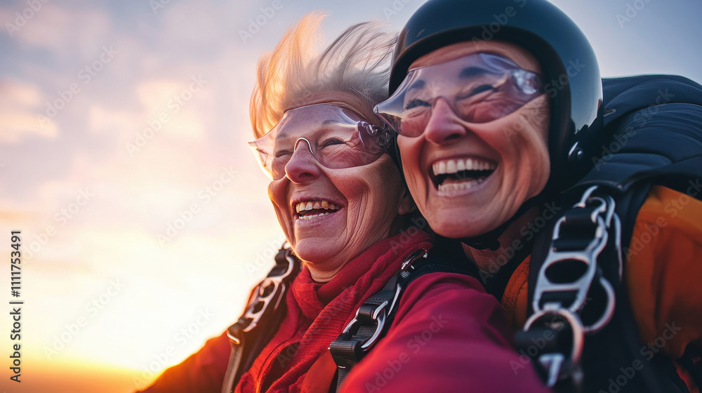 Joyful senior women laughing after exciting skydiving adventure at sunset Joyful senior women laughing after exciting skydiving adventure at sunset