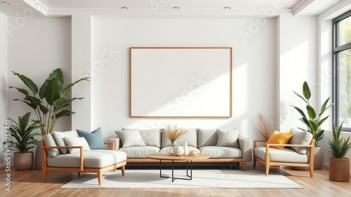 A modern living room with a mockup wall art featuring natural elements like plants and wood  trendy  elegant