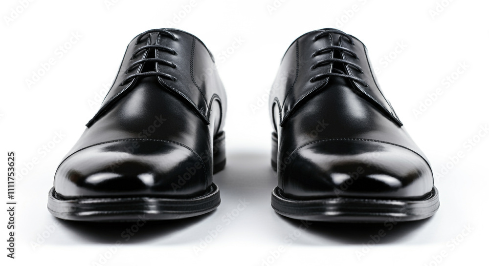 A front-facing view of shiny black leather formal shoes with neatly tied laces, placed on a white surface A front-facing view of shiny black leather formal shoes with neatly tied laces, placed on a white surface