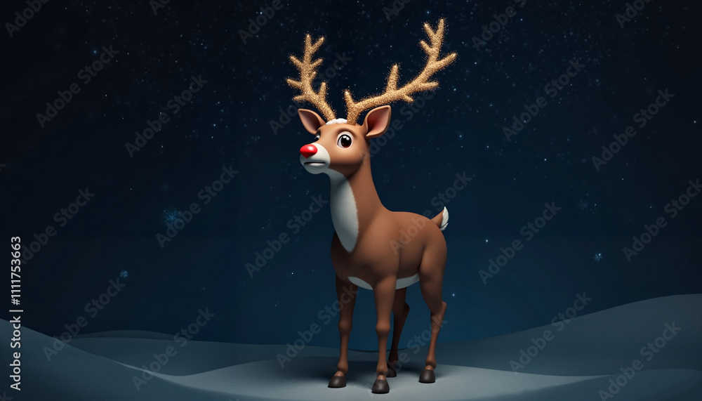 Fairy-Tale Reindeer with Red Nose and Golden Antlers Standing on Snow Against Starry Night Fairy-Tale Reindeer with Red Nose and Golden Antlers Standing on Snow Against Starry Night
