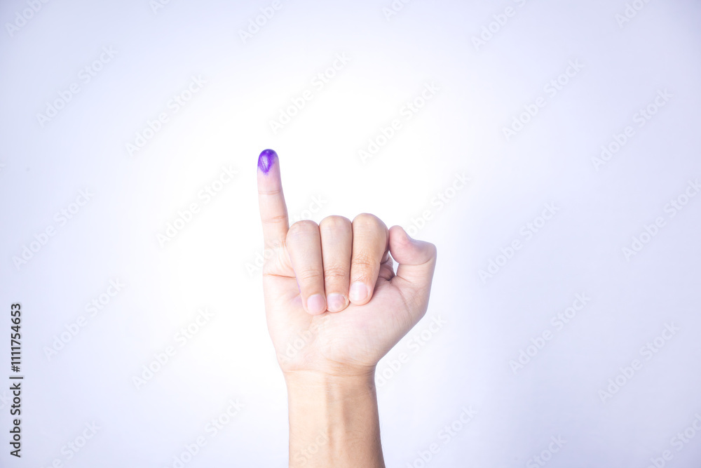 Naklejka premium Indonesian election concept, purple inked finger isolated, political democracy vote