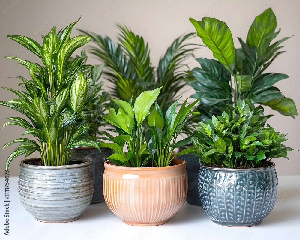 Five potted houseplants in various ceramic pots on white table against neutral background. Five potted houseplants in various ceramic pots on white table against neutral background.