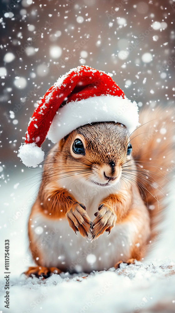 Christmas squirrel wearing santa hat in snowy forest Christmas squirrel wearing santa hat in snowy forest