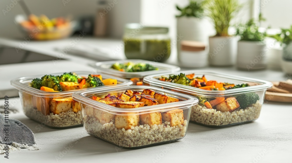 Veggie Meal Prep with Tofu and Quinoa in Containers Veggie Meal Prep with Tofu and Quinoa in Containers