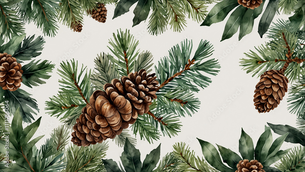 Fototapeta premium A border of pine branches, pine cones, and greenery.