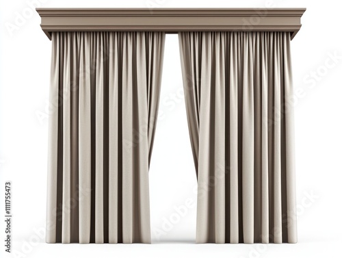 The curtains are white and have a brown trim