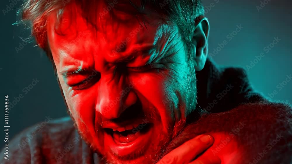 Man with Intense Expression under Red and Blue Lighting Man with Intense Expression under Red and Blue Lighting