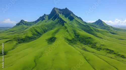 Lush green mountain range under a clear blue sky.