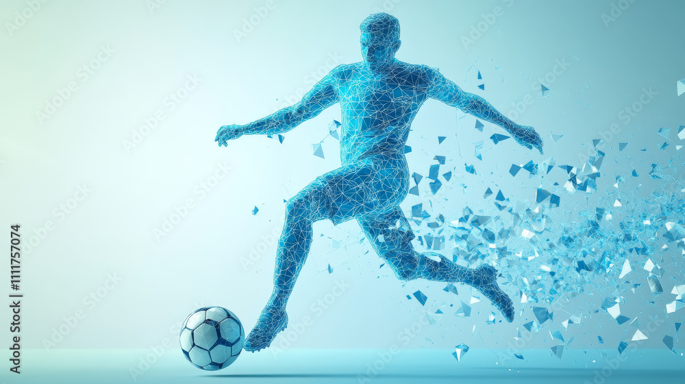 Naklejka premium Thin line soccer player in motion from blue polygonal. Football goalkeeper jumping after the ball. Abstract poly