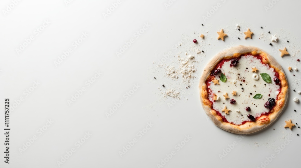 A pizza with a star design on it is placed on a white background A pizza with a star design on it is placed on a white background